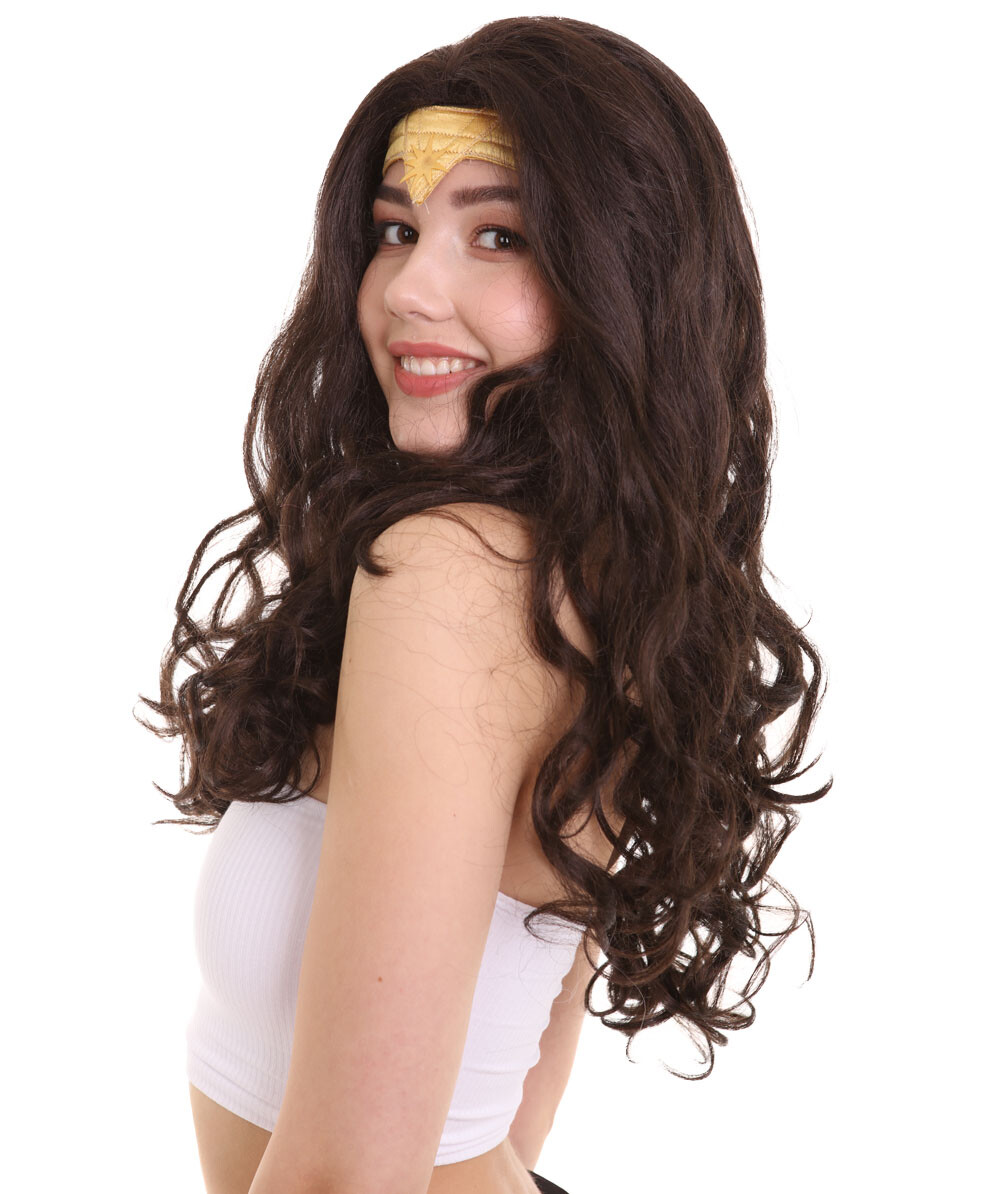 Wonder Woman Curly Long Wig with Grey Crown Dark Brown Wig