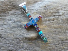 Micro Inlay Mosaic Cross Gemstone Fire Opal Sterling Silver 925 Pendant AA47