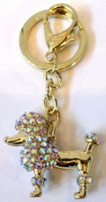 Rhinestone Bling Gold Tone Key Chain Purse Charm Poodle Dog Puppy