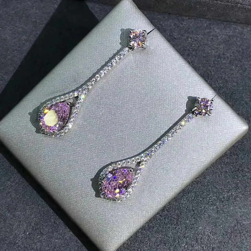 3Ct Pear Lab Created Pink Sapphire Drop/Dangle Earrings 14K White Gold Plated - Image 4 of 4