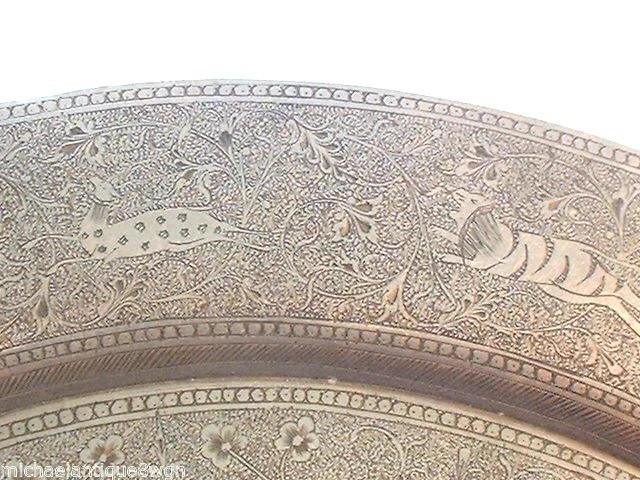 Азиатский серебряный латунный поднос музейного качества с гравировкой - Изображение 2 из 4