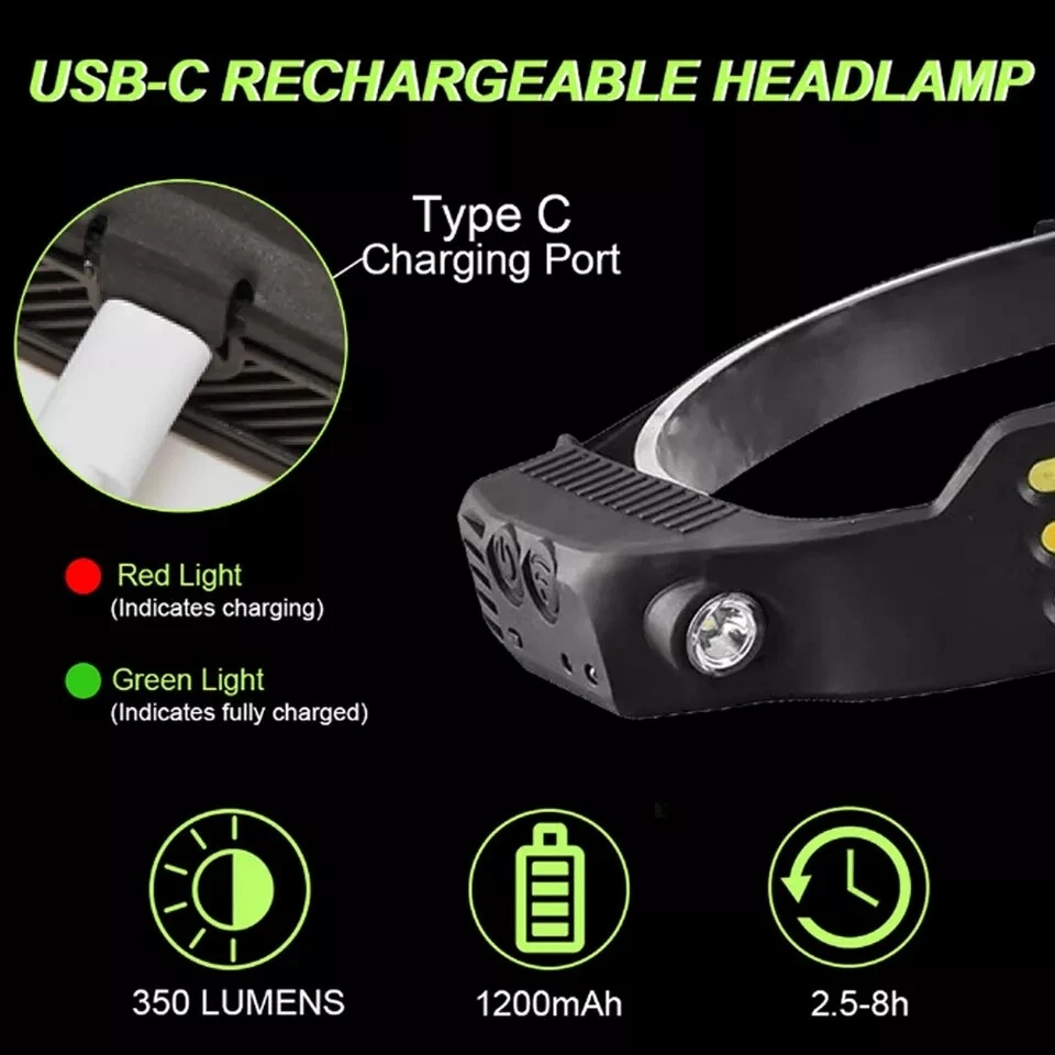 COB LED Headlamp USB Rechargeable Headlight Bar Head Band Torch Work Light 6000K - Image 4 of 4