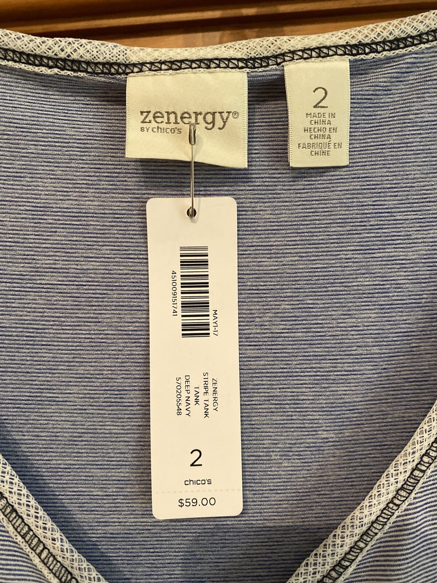 Zenergy Chico's Sz 2 (L/12) Blue Stripe Sleeveless Ruched
