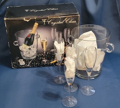 Vtg Crystal Clear Ice Bucket Champagne/Wine Cooler With Handles (4)  Glasses
