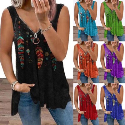 Womens Summer Casual Sleeveless V Neck Zipper Up Tunic Tops Blouse T Shirts Tee