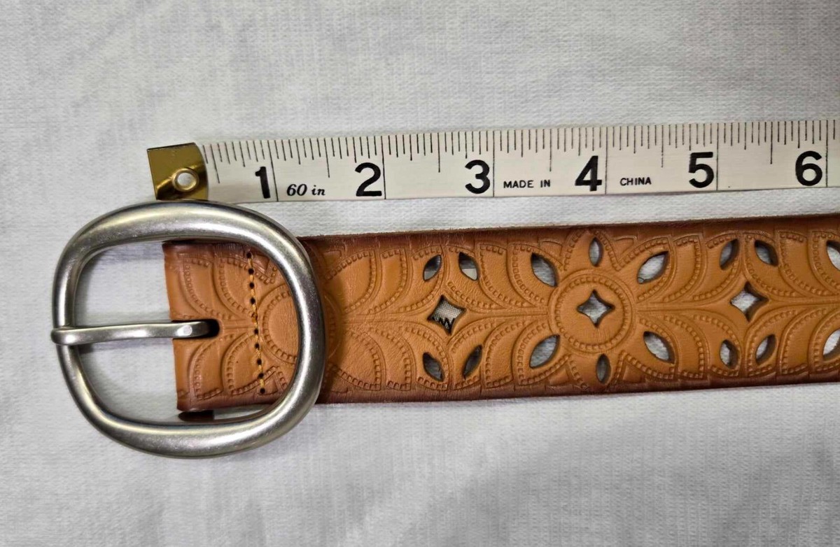 FOSSIL Laser Cut Beaded Floral Leather Belt Custom floral tooling belt with beads Chocolate borders  main image 4