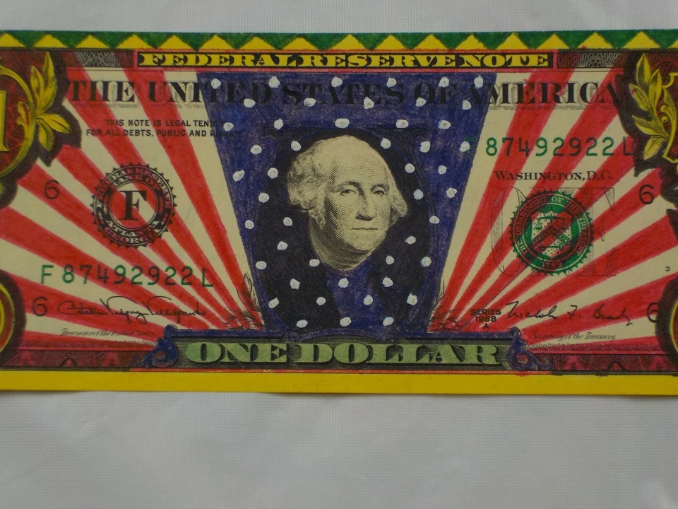 Billete de dólar vintage de medios mixtos Dawn of the American Flag graffiti Foto 2 de 3