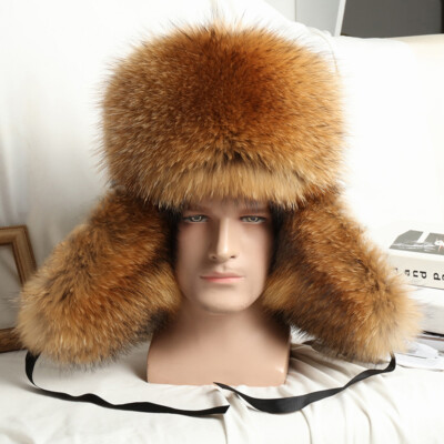 Men Real Raccoon Fur Hat Real Sheepskin Cap Earflaps Russian