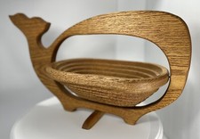 Hand Carved Wooden Accordion Whale Collapsible Bowl Basket Nautical USA Made