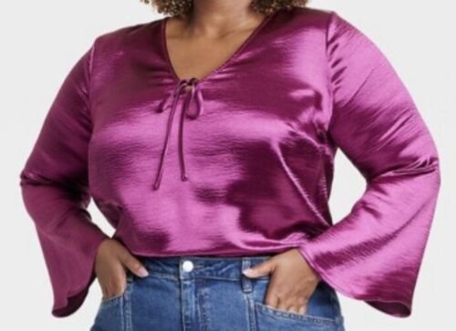 Ava & Viv Satin Blouse V-Neck Tie Front Flared Long Sleeve Purple Women's 1X