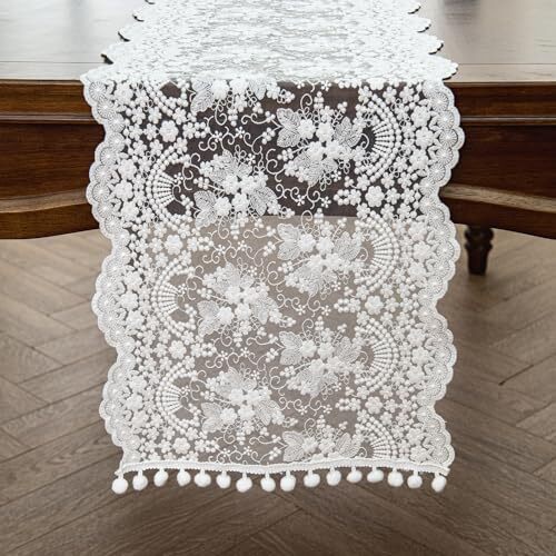 Lace Table Runner, Embroidery Cotton Lace Fabric Table 14 X 60 INCH White - Picture 1 of 6