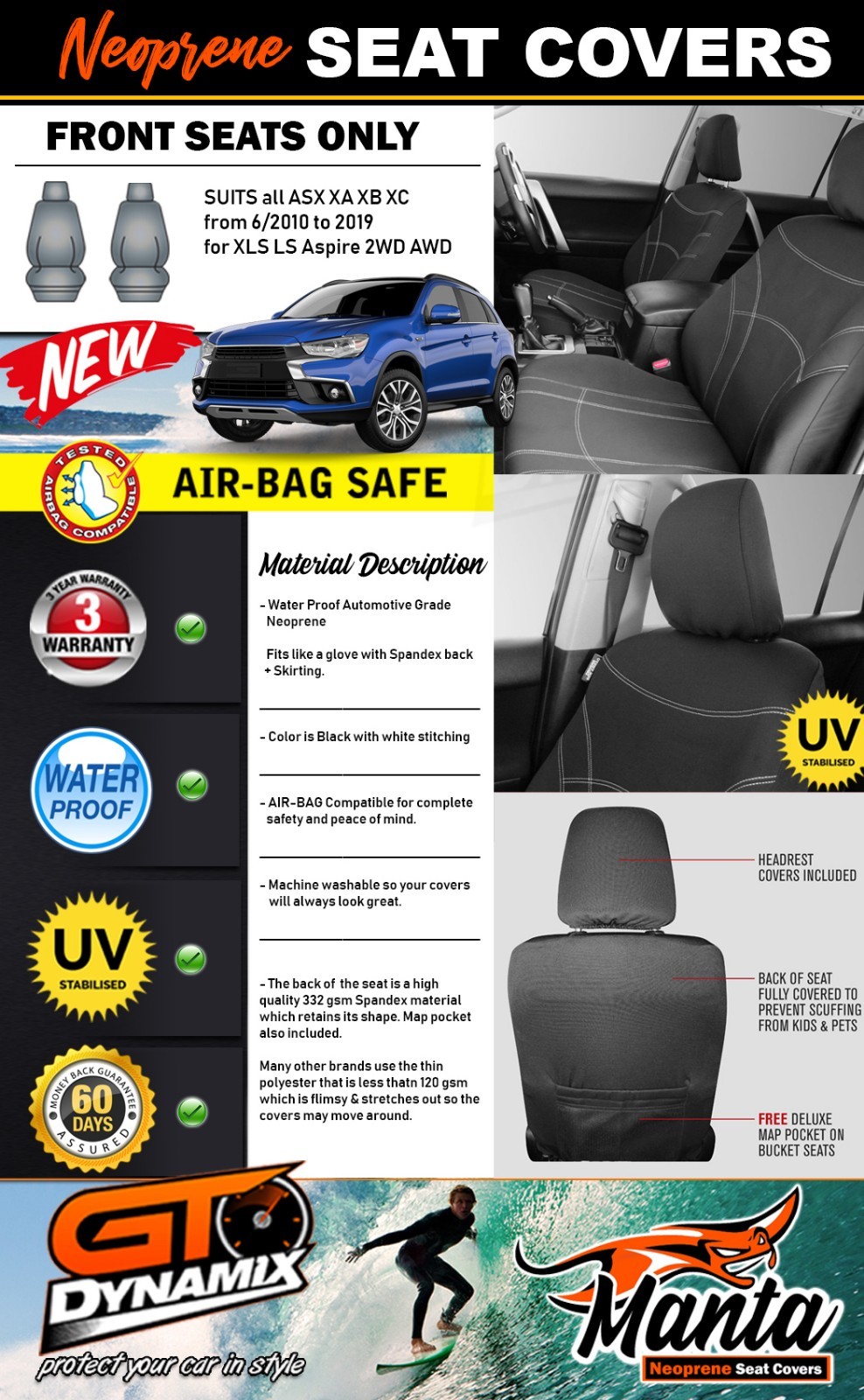 Manta Custom Neoprene FRONT Black Seat Covers for Mitsubishi ASX XA XB