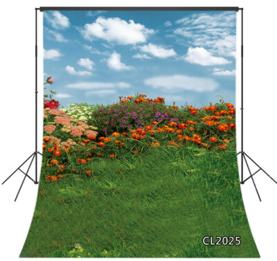 Spring Wildflowers Green Grass Clouds Sky  5x7ft Vinyl Backdrop Photo Background