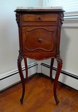 French Antique Louis XV Walnut Nightstand w/ Marble Top.