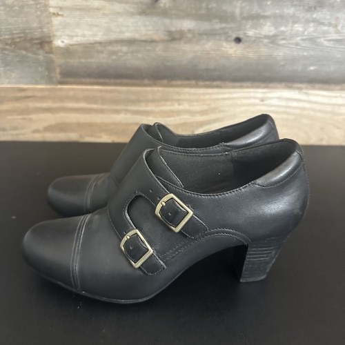 Clarks Bendables Sapphire Womens 7.5M Black Leather Double Monk Strap Heels - Picture 2 of 8
