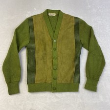 VTG 60s Wool Grandpa Cardigan Pea Green Striped Suede Front Knit Rockabilly