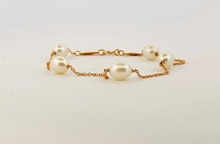 Tiffany & Co Elsa Peretti 18k Gold Cultured Pearl Station Bracelet 7" AU750
