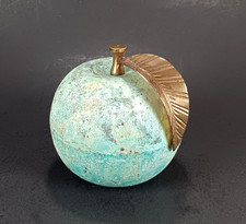 Brass Apple Paperweight Blue Patina Green Verdigris Office Accent Decor 4"