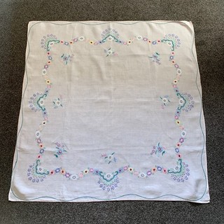 Vintage Light Pink Hand Embroidered Linen Coffee / Side Tablecloth 87cm X 85cm