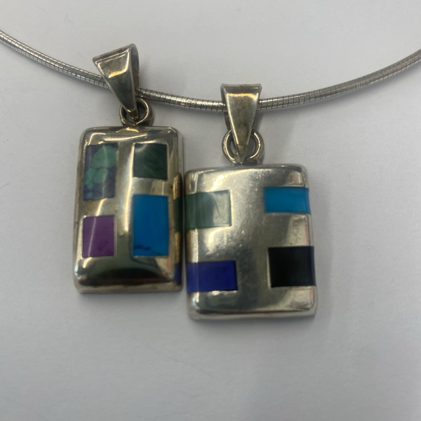 2 rectangular multi stone pendants vintage sterli… - image 1