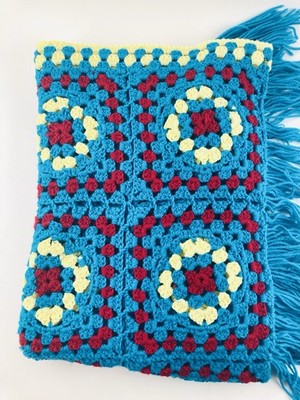 Vintage Crochet Bold Blanket Squares Fringe 90s Afghan Bright Teal Blue Throw Ye