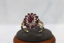 9ct Yellow Gold QVC Ruby & Diamond Cluster Ring - Size Q - UK Hallmark