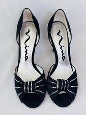 Nina Women's Black Satin and Crystal Peep Toe Bow D'Orsay Shoe Size 7
