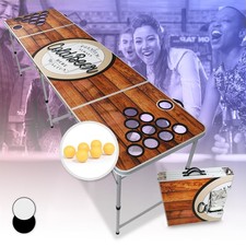 Beer Pong 8ft Folding Table Set with Icebox 6x Balls & Holder Portable Wood Look