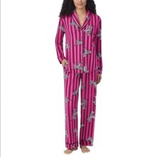 NWT Room Service Small Women's Shawl Collar Pajama Set Pink White Zebra Stripe