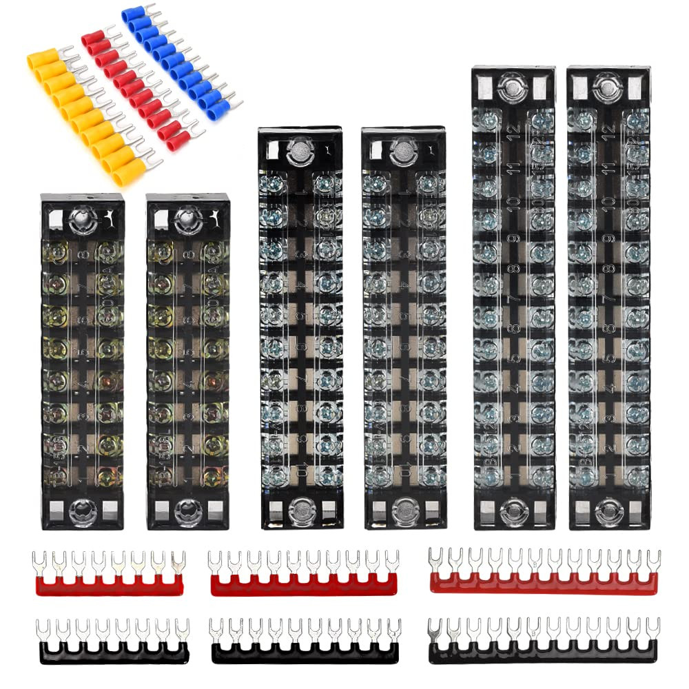6 Sets Terminal Blocks, 6Pcs 8/10/12 Positions 600V 15A Dual Row Screw Terminal