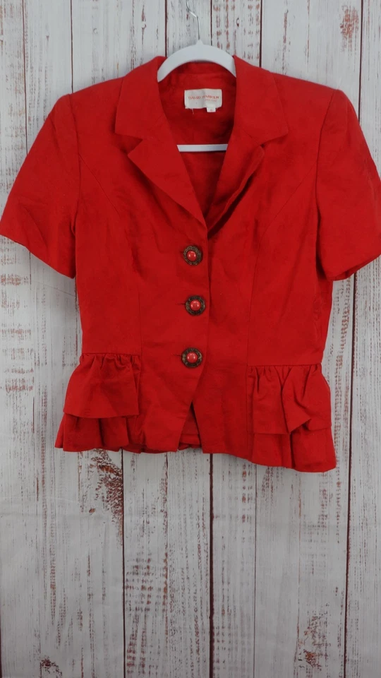 Blazer David Warren Nueva York Mujer 8 Rojo Abotonado Volantes Manga Corta De Colección Foto 4 de 4