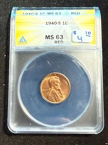 1940 S LINCOLN WHEAT CENT ANACS MS 63 RD 119