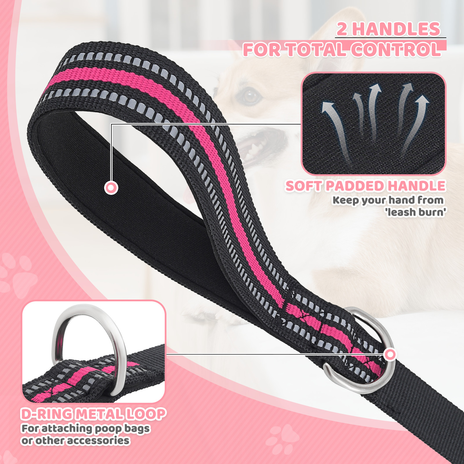 Soft Dog Leash Pet Leash Control Heavy Duty 5FT Pink Reflective Leash w/Handles
