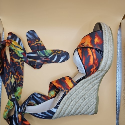 IMPO "Oprah" Wedge Sandal Cork Heel With Fabric Ankle Tie Size 6.5M Multicolor - Picture 8 of 11