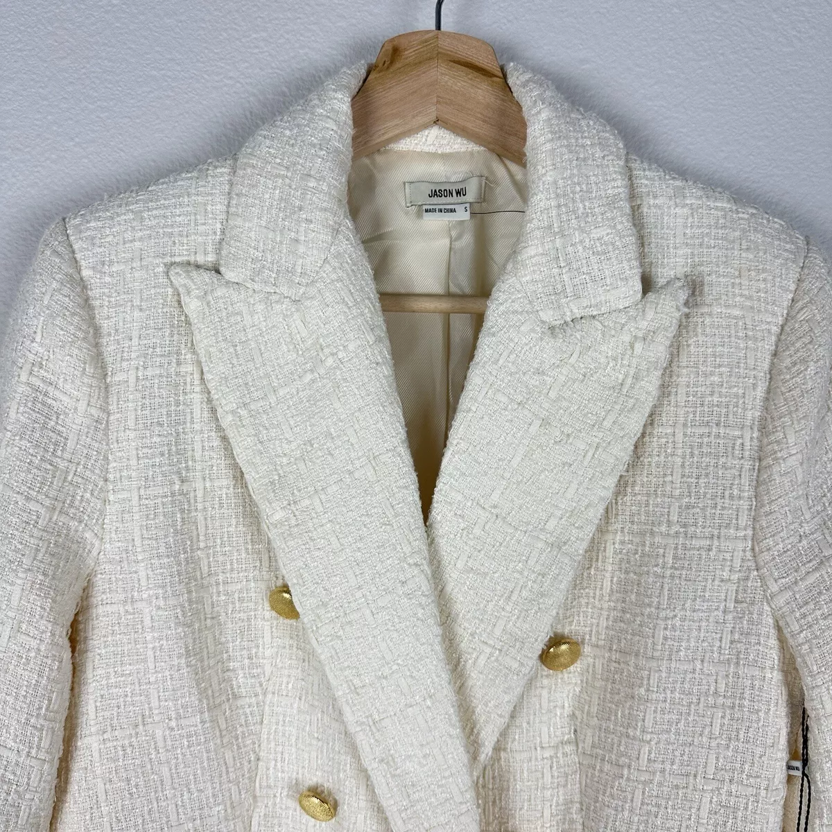 Jason Wu Double Breasted Ivory Cream Tweed Blazer Jacket Gold