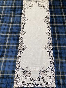 Dresser/Table Runner Cutwork on White Linen w/Hand Embroidery - 16"x52"