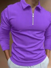 Purple  Polo Shirt Men Zipper Collar Long Sleeve Stripe Golf Zip Classic Fit New