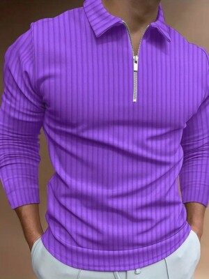 Purple  Polo Shirt Men Zipper Collar Long Sleeve Stripe Golf Zip Classic Fit New