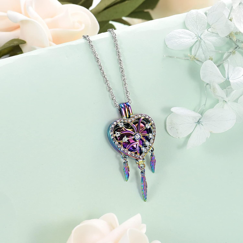 Cremation Jewelry Dream Catcher Urn Necklaces for Ashes Flower Feather