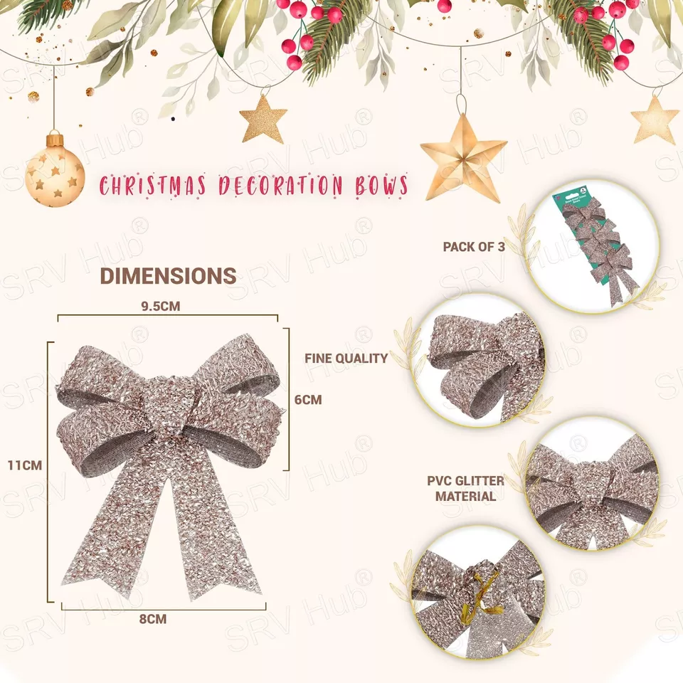 9Pcs Rose Gold Glittered Shiny Bows 11cm, Christmas Tree Decorations Gift Bows - Image 2 of 4