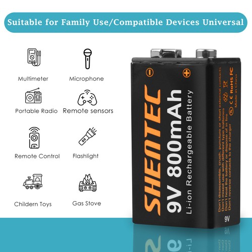 9V Block 6F22 Lithium Li-ion 9 Volt Rechargeable Batteries / 4 Slot USB Charger - Zdjęcie 2 z 19
