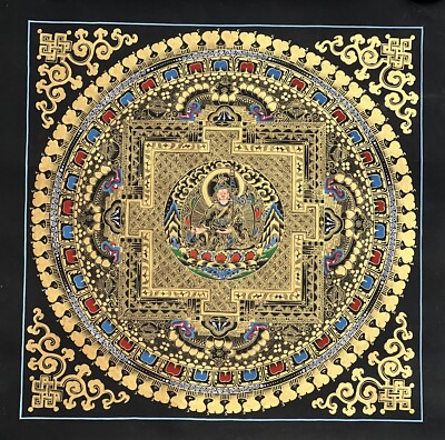 GURU PADMASAMBHAVA MANDALA ORIGINAL BLACK AND GOLD TIBETAN THANGKA