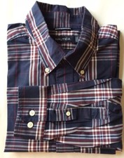 Nautical Men Dress Shirt Blue Burgundy Plaid L/S Cotton Wrinkle Free Large