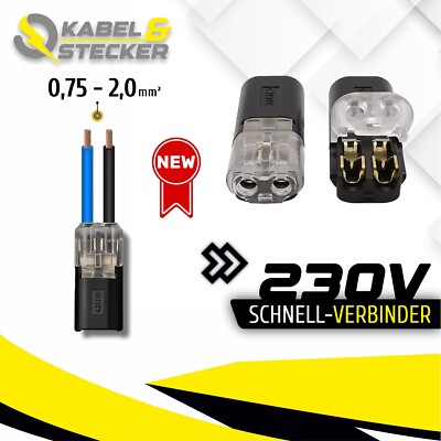  230V Stecker Buchse 2-Polig 0,75mm² - 2,00mm² Kabelverbindung Schnellverbinder 