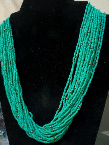 Multi Strand Turquoise Glass Seed Bead Necklace New - Picture 2 of 6