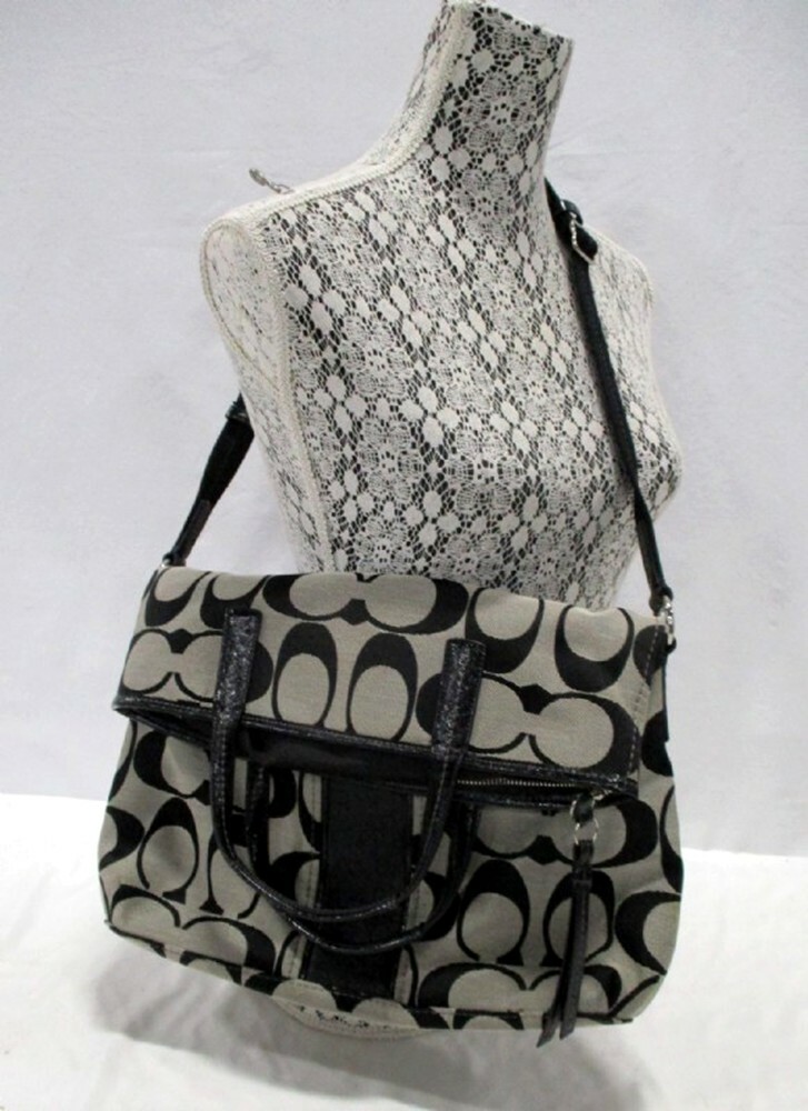COACH Signature Stripe Foldover Tote Coach F23304-Black/Silver
