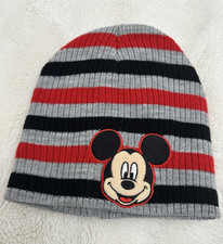 Disney Mickey Mouse Knit Beanie Hat Gray Red Black Striped Toddler 2T-5T