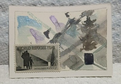 Postal Whimsy Refugee Year OOAK Abstract ACEO 4¢ Stamp by Virginia Watercolor