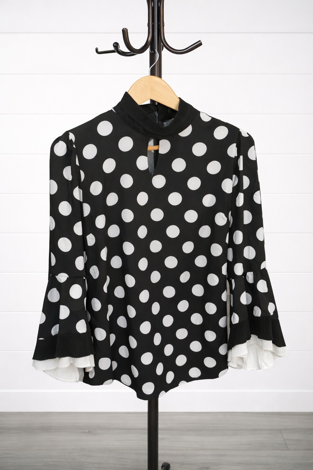 Gracia Black and White Polka Dot High Neck Ruffled Cuff Blouse M