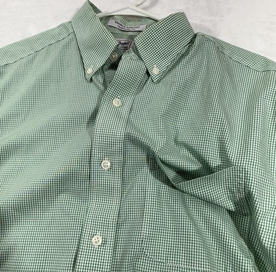 L.L.Bean Mens Shirt Size M-TALL Green / White Check Traditional Fit 100% Cotton.